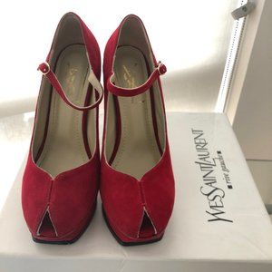 YSL Red Suede Peep Toe Pump